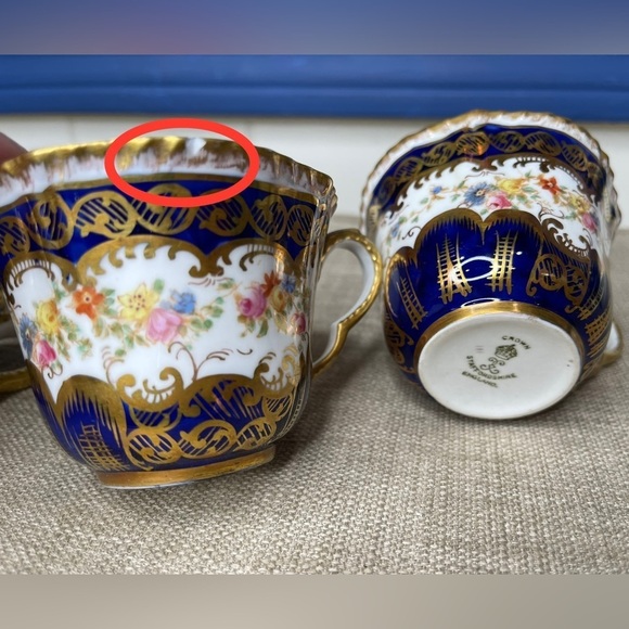 Fancy Edwardian Cup and Saucer Cabinet Crown Staffordshire  Vintage Crown Staffordshire Set of 4 Teacups Blue Royal Gold Floral Pattern
